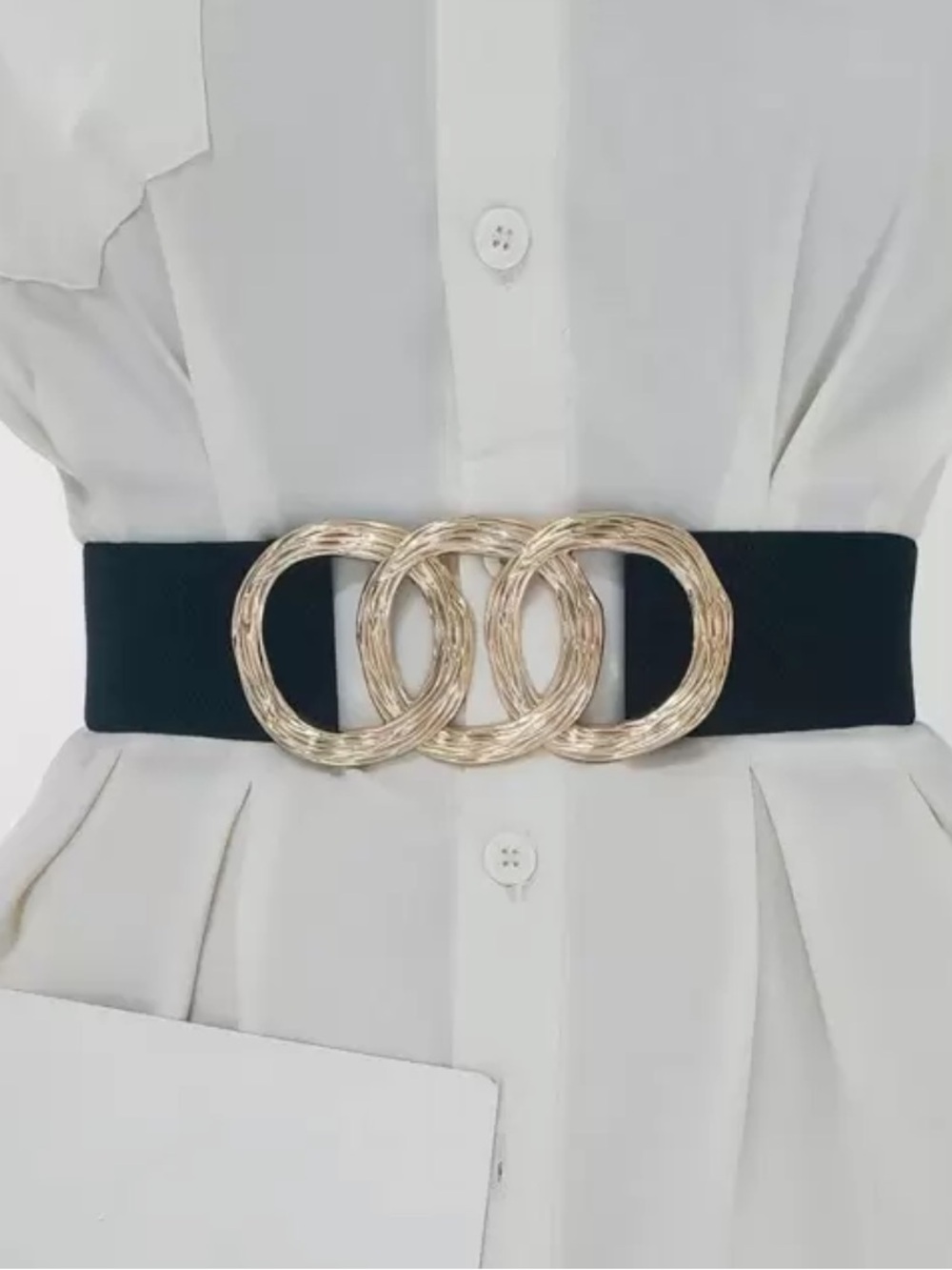 Gold-Accent Black Waist Belt - Women's Stretch Fashion Belt